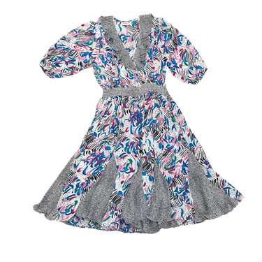 1980s 1990s Susan Freis Diane Freis Assorti Mixed Print Dress / Flouncy / Polka Dot / Crinkle / Pleats / Fluttery / M / L / Maximalist 