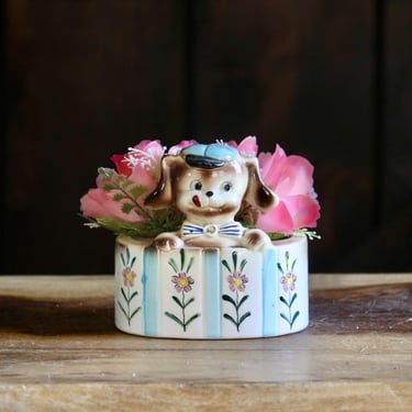 Vintage Dog Planter, Nostalgic Spring Decor, Little Shih Tzu Puppy peeking out of Floral Designed Plant Holder, Collector Gift, Grannycore 