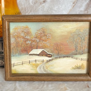 Vintage Oil Painting: Snowy Farmhouse Scene, Signed 