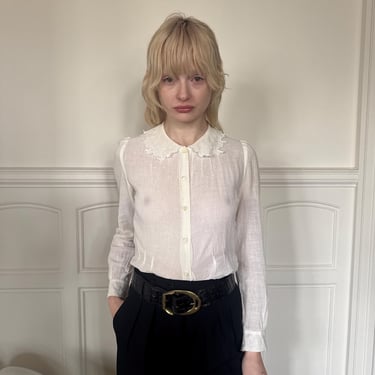 RESERVED for Rebecca - 1970s Emmanuelle Khanh cream cotton gauze blouse, embroidered collar, long sleeves 
