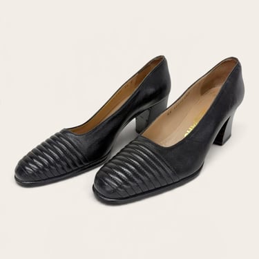 Vintage Salvatore Ferragamo Block Heel Pumps 1990s Retro Womens Size 7.5B + Black Leather + Embroidered + Ribbed Line Design + 2.75