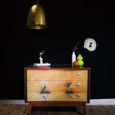 Mid-Century Modern 3-Drawer Dresser with Hand-Painted Crane Landscape 