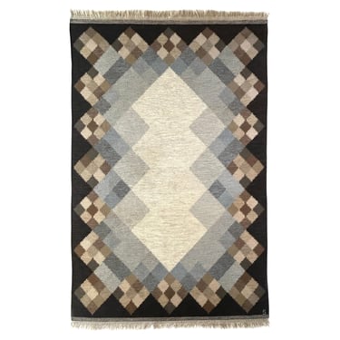 Brita Svefors Dark Blue and Brow Flat-Weave Rug 