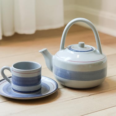 Vintage Los Reyes Peru Pottery Teapot & Cup Set - Mid Century Striped 