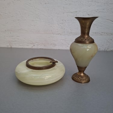 Vintage Green Onyx & Brass Ashtray and Bud Vase Set, 1960s–70s 