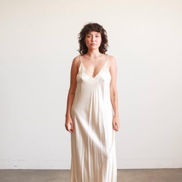 1980s Ecru Silk Charmeuse Plunge Slip Dress 