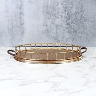 Vintage Brass Faux Bamboo Oval Tray – Gallery Rail, Handles, Bar Cart Decor 
