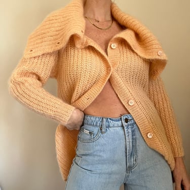 Vintage Mohair Sweater Cardigan, Chunky Long Knit Cardigan, Pastel Orange Knit Cardigan, Shawl Cardigan 
