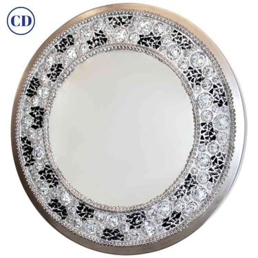Contemporary Italian Lit Black & Clear Rock Crystal Nickel Round Wall Mirror