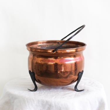 Vintage Coppercraft Guild Copper Footed Cauldron Pot with Black Handle | Mid-Century Copperware Planter, Witchy Decor, Autumn Hearth Accent 