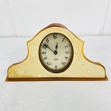 Antique 1920s Art Deco Celluloid Clock, Mechanical Wind-up, Humpback Tambour Shape, vintage home decor for Boudoir Dresser Desk Shelf, gift 