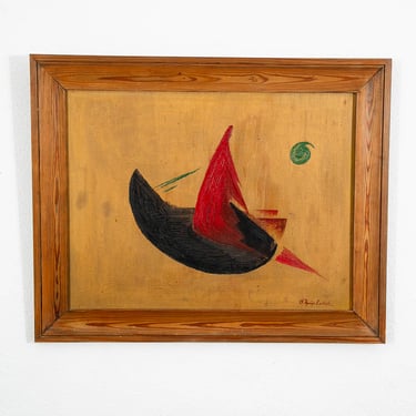 Mid Century Modern Oil Painting Abstract Expressionism Gold Red Black Signed