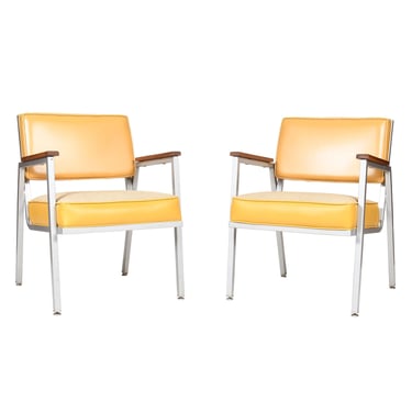 Reupholstered in a Sunny Yellow Upholstery — Chrome Frame MCM Accent Chairs w Walnut Armrests