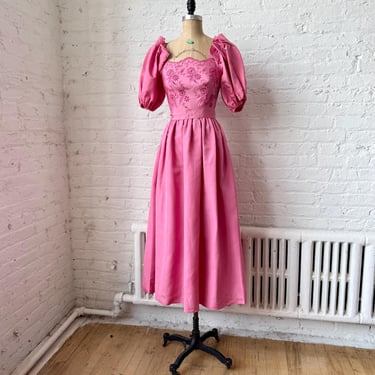 Vintage 1980s Pink Taffeta Prom Dress, Floral Embroidered Puff Sleeve 
