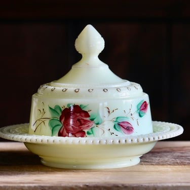 Vintage Heisey Glass Butter Dish, Elegant Victorian Decor, Ivorina Verde Rose Dinnerware, Uranium Glass Lidded Dish, Collector Gift, CHIP! 
