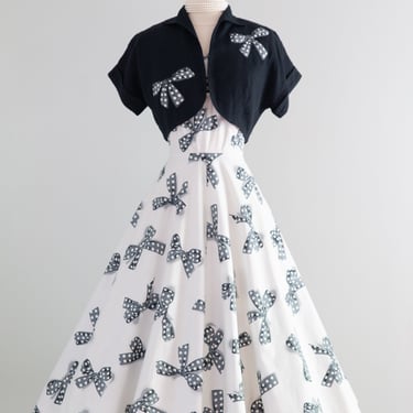 Darling Early 1950's NOS Polka Dots & Bows Print Cotton Dress & Jacket / XS