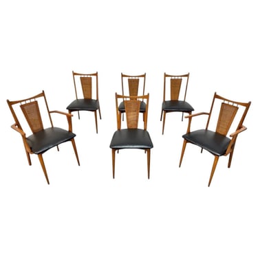 Mid-Century Modern Walnut Cane Back Dining Chairs - Set of 6 