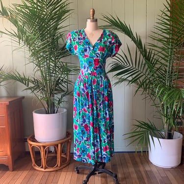 Vintage 1980s Vibrant Colorful 1940s Style Dress Erika's Place, Vintage Eighties Dress with Shoulder Pads 