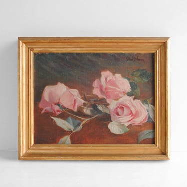 Vintage Original Pink Rose Flower Painting in Oil on Canvas by Elliot Bouton Torrey 