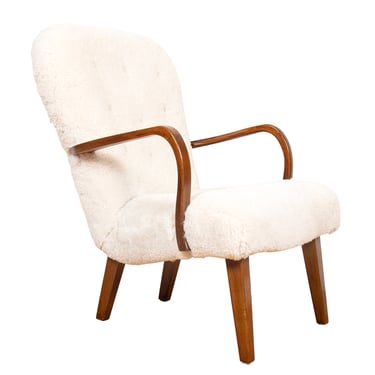 Danish Clam Style Lounge Chair in Luxurious Sheepskin, 1950s
