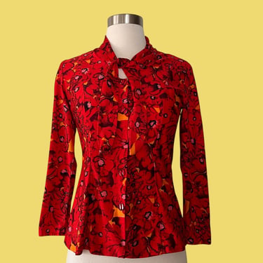 Vintage 70s Floral Blouse with Neck Ties, Estimate XS 
