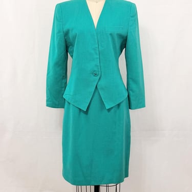 Vintage 80s Women's Suit with Jacket and Pencil Skirt | Jade Green Linen  | Size Medium 