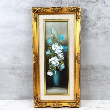 Handpainted Rose Oil Painting in Ornate Gold Wood Frame, Vertical Floral Wall Art 
