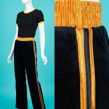 Vintage 1970s Black Velvet Velour Workout Pants With Yellow Accents Size S 