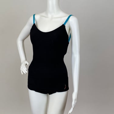 Rare Authentic Vintage 1940s Jantzen One Piece Black Cotton Sexy Bathing Suit Swim Suit Photo Shoot Turquoise Straps 