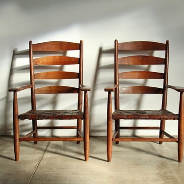 Gordon Russell Ladder Back Oak & Woven Leather Lounge Chairs, 1904