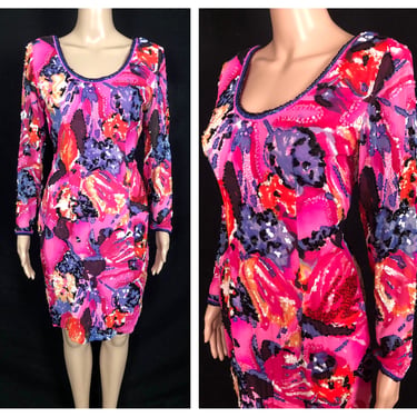 Vintage 1980's Fuchsia Silk Abstract Print Beaded Sequin Embellished Backless Wiggle Dress by Black Tie - size Small 