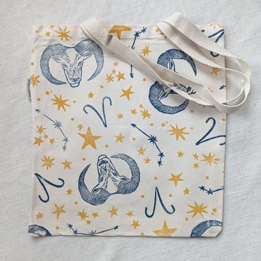 Organic Cotton Canvas Aries Tote Bag, Block Printed Shoulder Bag with Aries Zodiac Print, 14 x 15.5 inches 