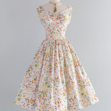 Beautiful 1950's Autumn Floral Print Cotton Dress By Lorie Deb / S