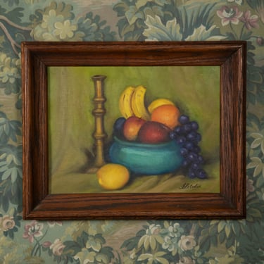 “Candlestick Harvest” Vintage Fruit Bowl and Candlestick Still Life Oil Painting