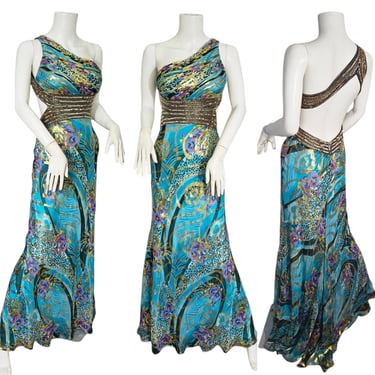 Y2K 2000s Betsey & Adam Teal Blue Beaded Silk Metallic Gown Dress Sm 