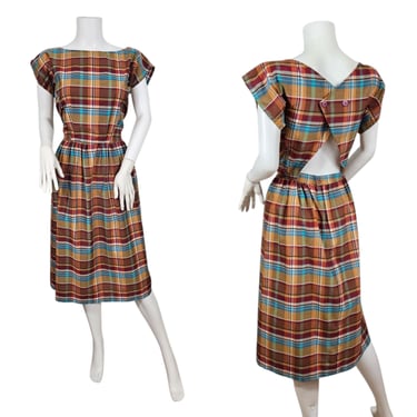 John Richards 1980s Poly Blend Brown Blue Madras Print Plaid Dress I Sz Med I Cut Out Back 