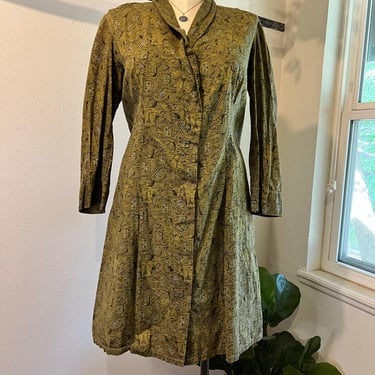 Handmade Green Cotton House Abstract Printed Long Sleeve Button Front Dress Size Large 