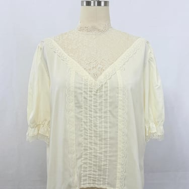 Vintage 70s Boho Prairie Blouse with Sheer Lace and Short Sleeves | Pale Yellow | Size Large 