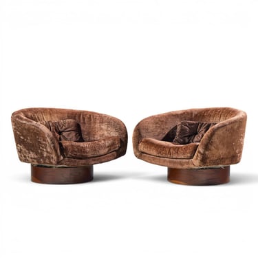Milo Baughman for Thayer Coggin Mid Century Walnut Swivel Barrel Tub Chairs - Pair - mcm 