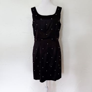 80s/90s Black Satin and White Pearl Studded Shift Party Dress | Medium/Large 