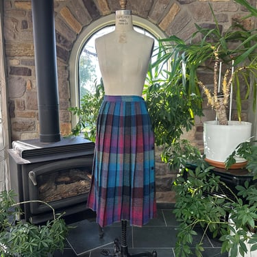 Vintage 1980s Blue and Purple Plaid Pleated Wool Blend Skirt 