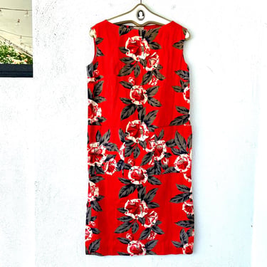 Vintage 1950s Hawaiian Floral Dress Red Muumuu 50s Hawaii MCM Atomic Era Tiki Tropical Wear 