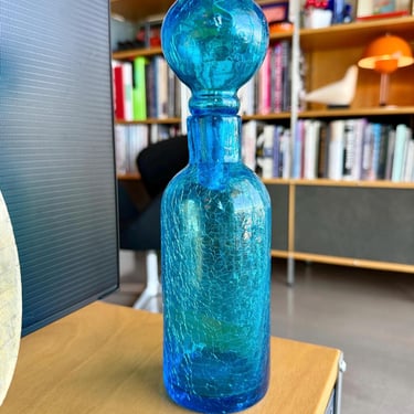 Vintage Mid Century Blue Crackle Glass Decanter Globe Stopper 