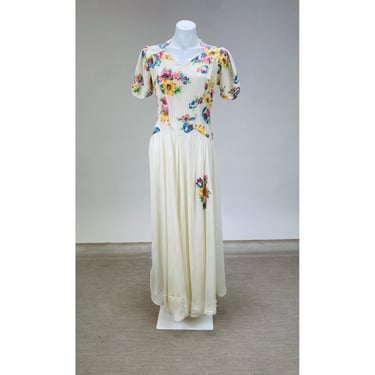 Vintage 1940s Rayon Floral white Maxi Dress short Sleeve Side Button Gown Ivory 
