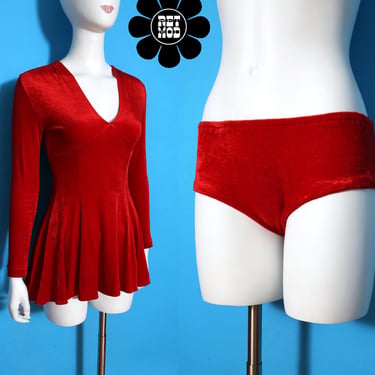 Incredibly Sexy Vintage 60s 70s Red Velvet Dolly Micro Mini Dress with Matching Bloomers 