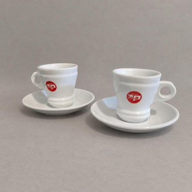Pascucci Azzurra Espresso Cups and Saucers, Set of 2, White Ceramic with Red Logo 