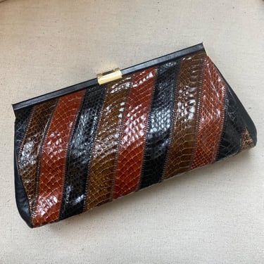 Vintage 70s 80s SNAKESKIN Shoulder Bag / Boho Reptile Clutch Purse / Stripes + Black Back / NWT from NORDSTROM / Jane Shelton 