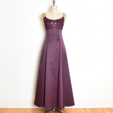 vintage 90s prom dress ZUM ZUM plum satin glitter crochet empire waist gown XS 