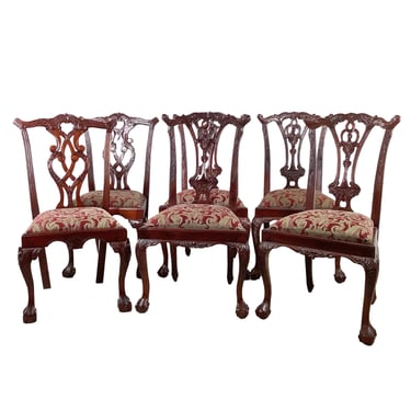 Set of 6 Chippendale Mahogany Dining Chairs • Carved Splat Back • Ball & Claw Feet 