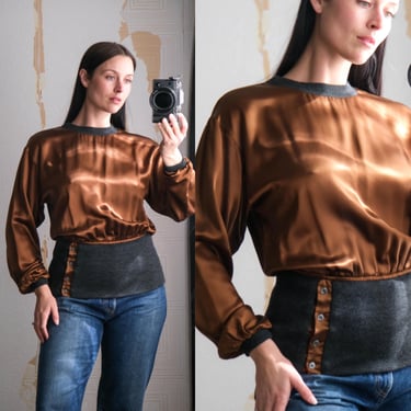 Vintage 90s SAKS FIFTH Avenue Stephanie Queller Copper Mulberry Silk & Knit Long Sleeve Blouse | Made in USA | 100% Silk | 1990s Designer 